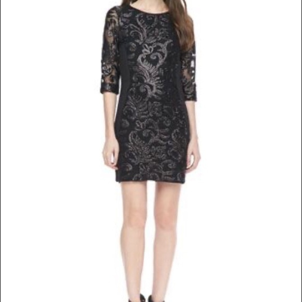 GREYLIN Womens Sheath Dress Black Pencil Skirt Mini 3/4 Sleeve Zip Side S New